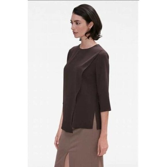 M.M. LaFleur Bourgeois Blouse Small Molasses Brown Asymmetrical Hem Keyhole Back - Picture 2 of 14